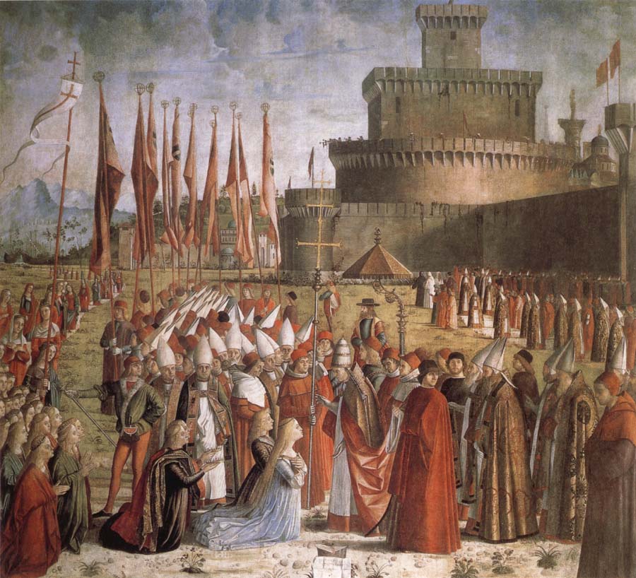 CARPACCIO, Vittore Scenes from the Life of St Ursula:The Pilgrims are met by Pope Cyriacus in front of the Walls of Rome